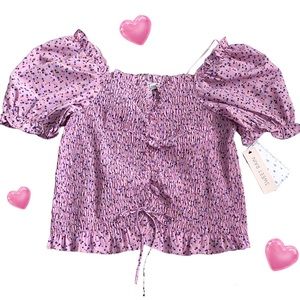 Sweet Rain puff sleeve flower stretchy crop top, mauve